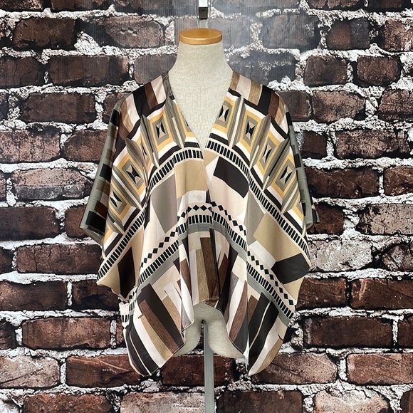 Systemaction Poncho Cardigan Shrug Lightweight Brown Geometric Print One Size - Picture 1 of 10